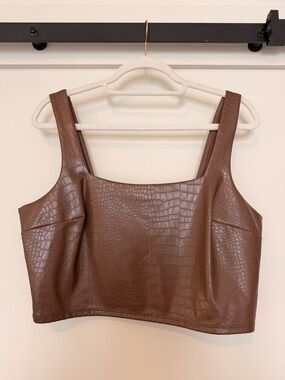 Express Brown Croc-Embossed Faux Leather Square-Neck Crop Top